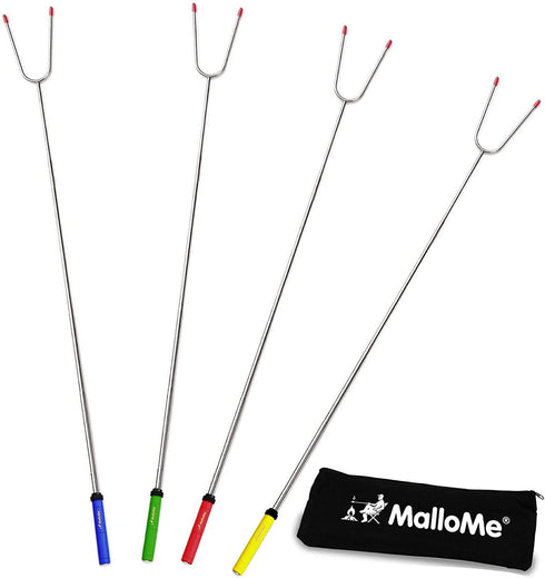 MalloMe Premium Marshmallow Roasting Sticks Set of 4 Smores Skewers & Hot Dog Fork 34 Inch Rotating Extending Patio Fire Pit Camping Cookware Campfire Cooking Kids Accessories  Bonus Bag & Ebook